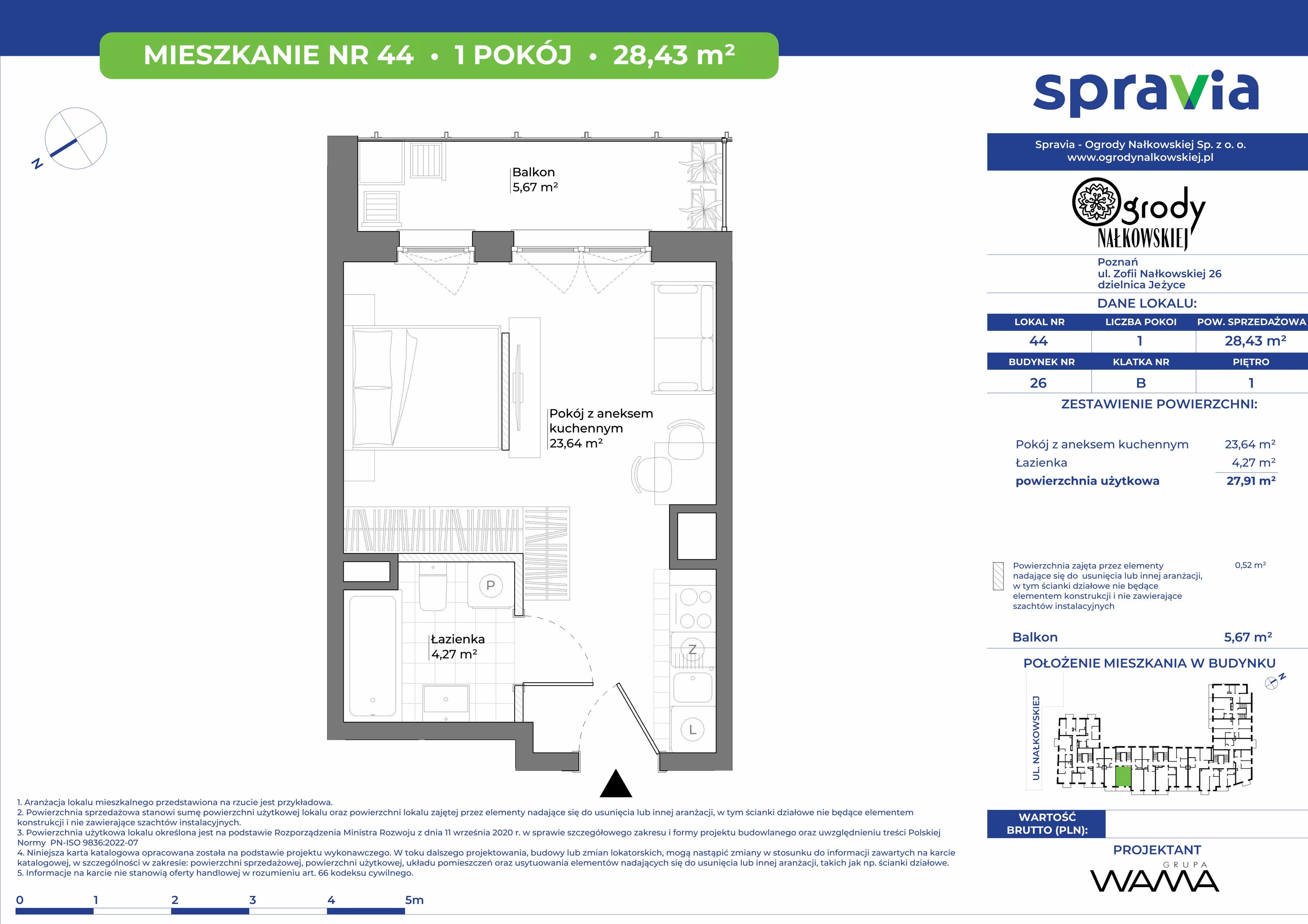 1 pokój, mieszkanie 28,43 m², piętro 1, oferta nr 26-44, Ogrody Nałkowskiej, Poznań, Ogrody, ul. Nałkowskiej 24, 26